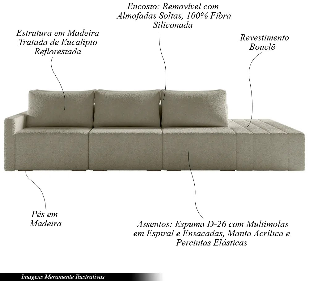 Sofá Ilha Modulado Milos 312cm Puff Lateral Bouclê Bege G33 - Gran Belo