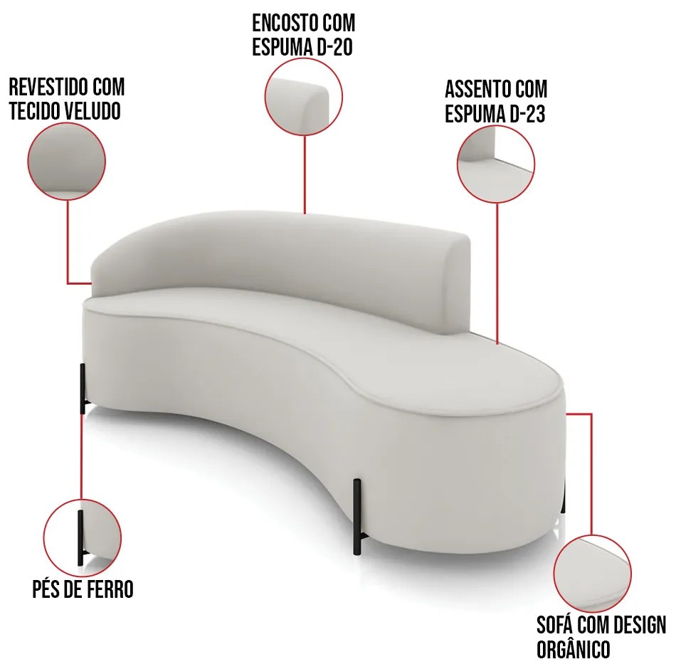 Sofá 4 Lugares Orgânico 220cm Pé Ferro Preto Morgan Veludo D03 - D'Rossi - Cinza