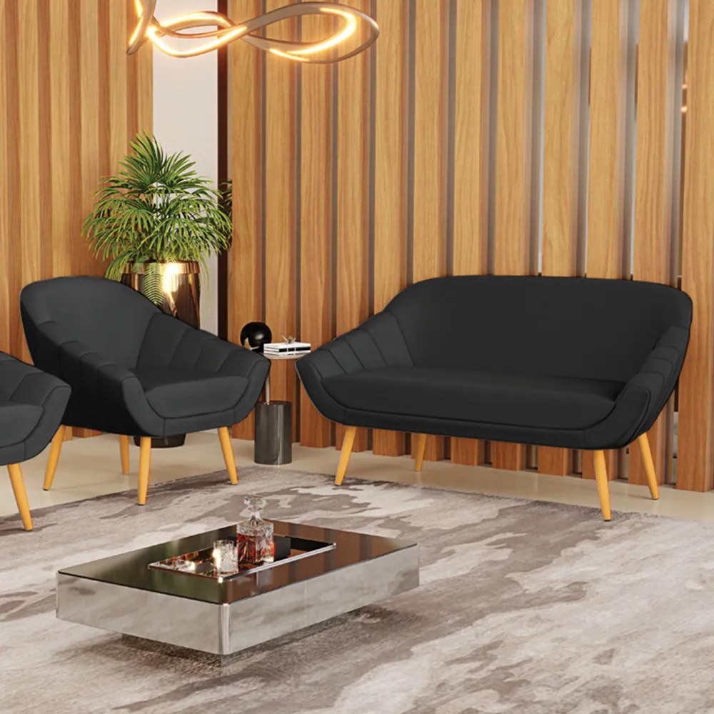 Kit 01 Namoradeira 02 Lugares e 01 Poltrona Giovana Corino Preto Pés Palito Castanho - Indo Decorar