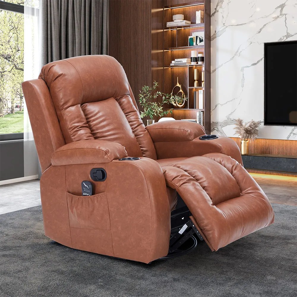 Cadeira com Massagem Poltrona do Papai Giratória Reclinável Manual Austin Aquecimento PU Caramelo G94 - Gran Belo