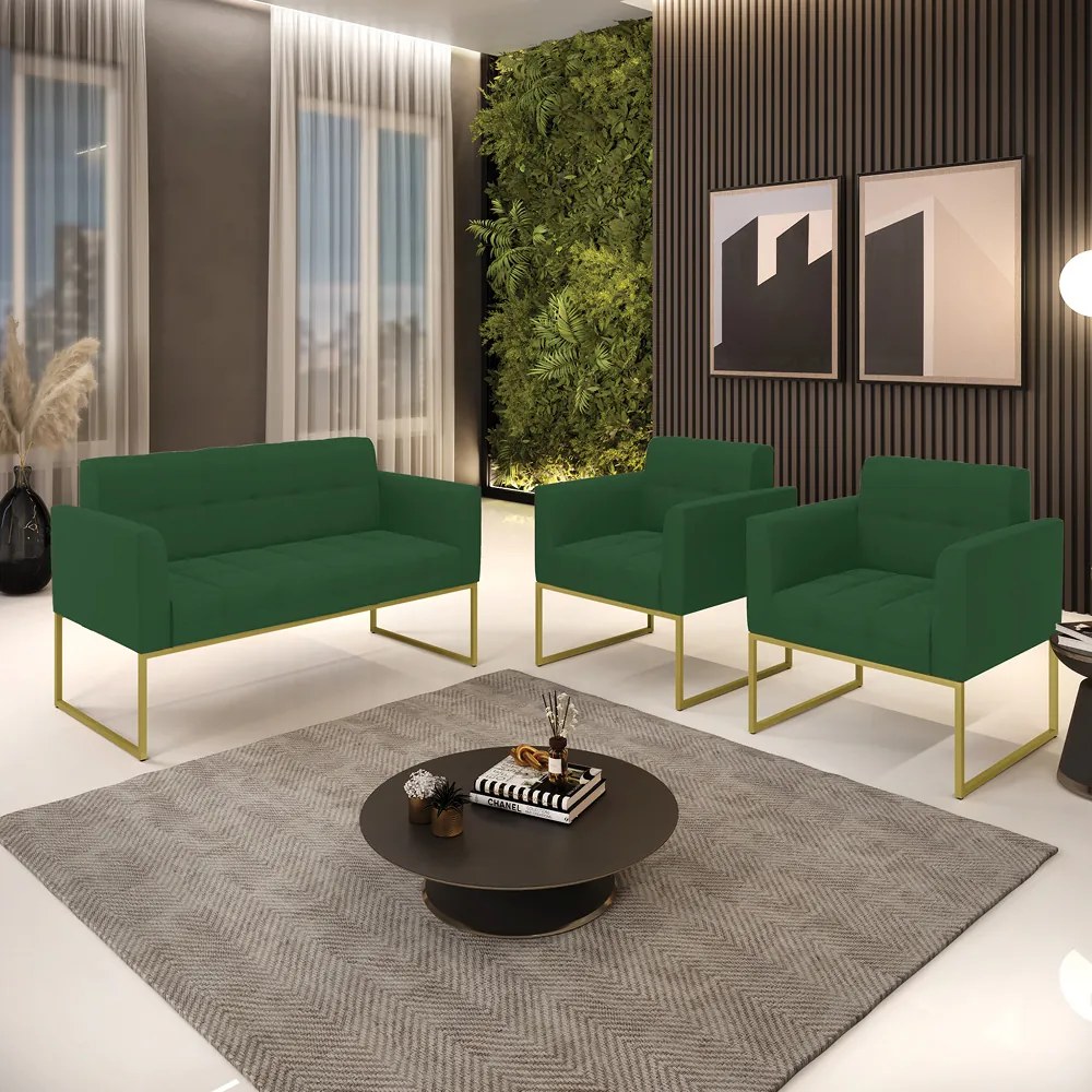 Kit 1 Sofá Namoradeira e 2 Poltronas Elisa Veludo Base Metálica Industrial Dourado - D'Rossi - Verde