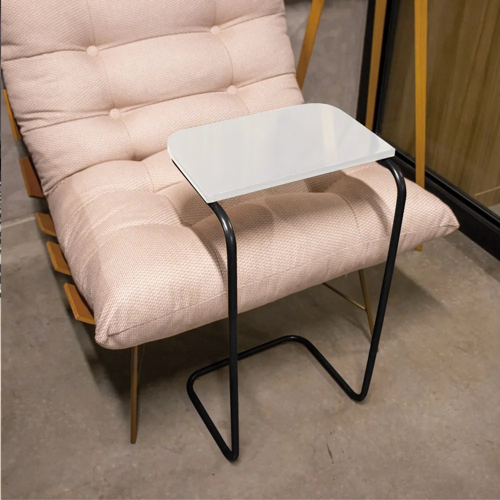 Mesa Lateral Tampo Branco Multiuso Para Sofá Base Preto - D'Rossi
