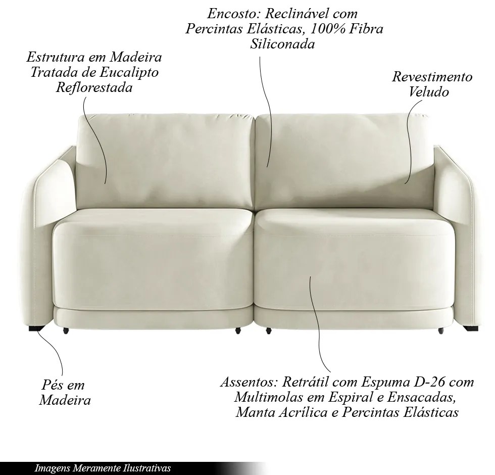 Sofá Cama Modulado Retrátil e Reclinável Decorativo Varsóvia 176cm Veludo Bege G33 - Gran Belo