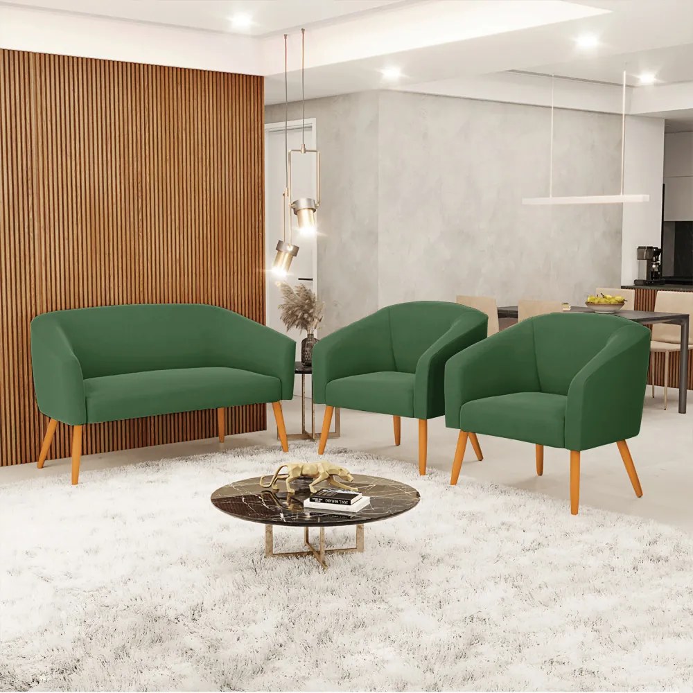 Namoradeira e 2 Poltronas Pé Palito Castanho Stella Suede Verde D03 - D'Rossi