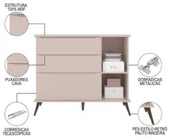 Cômoda Infantil 1 Porta 3 Gavetas 100% MDF Pés Retrô Melinda Rosê - Ph