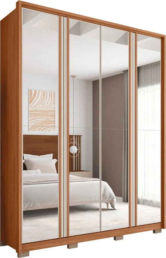 Guarda Roupa Orbit Solteiro 4 Portas de Bater com 4 Espelhos e Gavetas  MDF Freijo/OffWhite G11 - Gran Belo