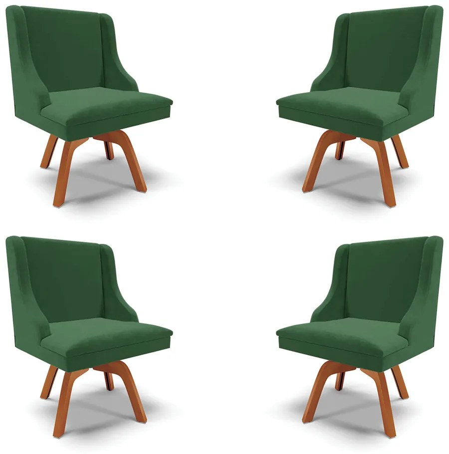 Kit 4 Cadeiras Decorativas Sala de Jantar Base Giratória de Madeira Firenze Veludo Verde/Natural G19 - Gran Belo
