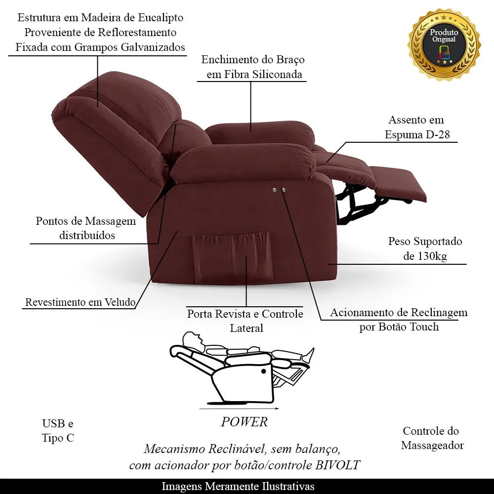 Poltrona do Papai Reclinável Sala de Cinema Madrid Power Touch Massagem USB Veludo Vinho G23