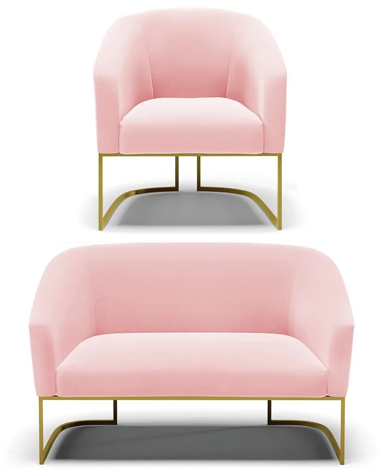 Namoradeira e Poltrona Base Industrial Dourado Stella Suede D03 - D'Rossi - Rosa Bebê
