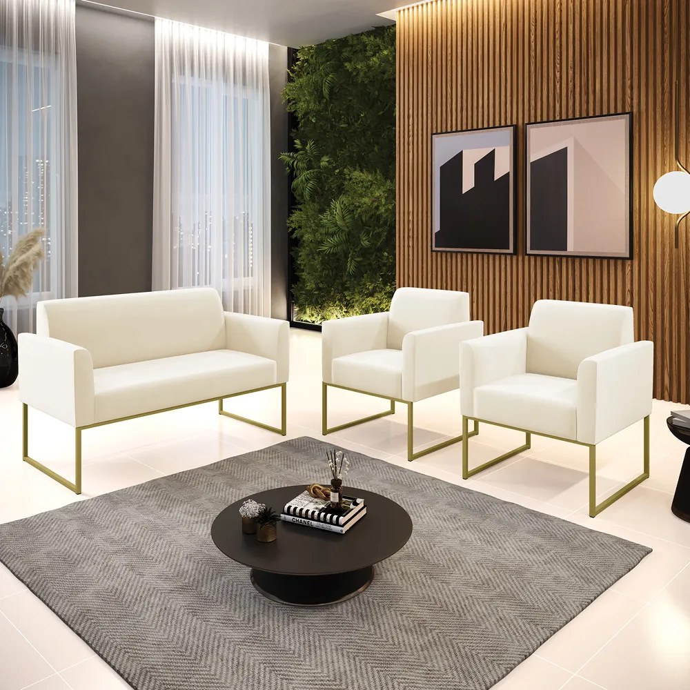 Sofá Namoradeira com 2 Poltronas Base Industrial Dourado Marisa Veludo D03 - D'Rossi - Bege