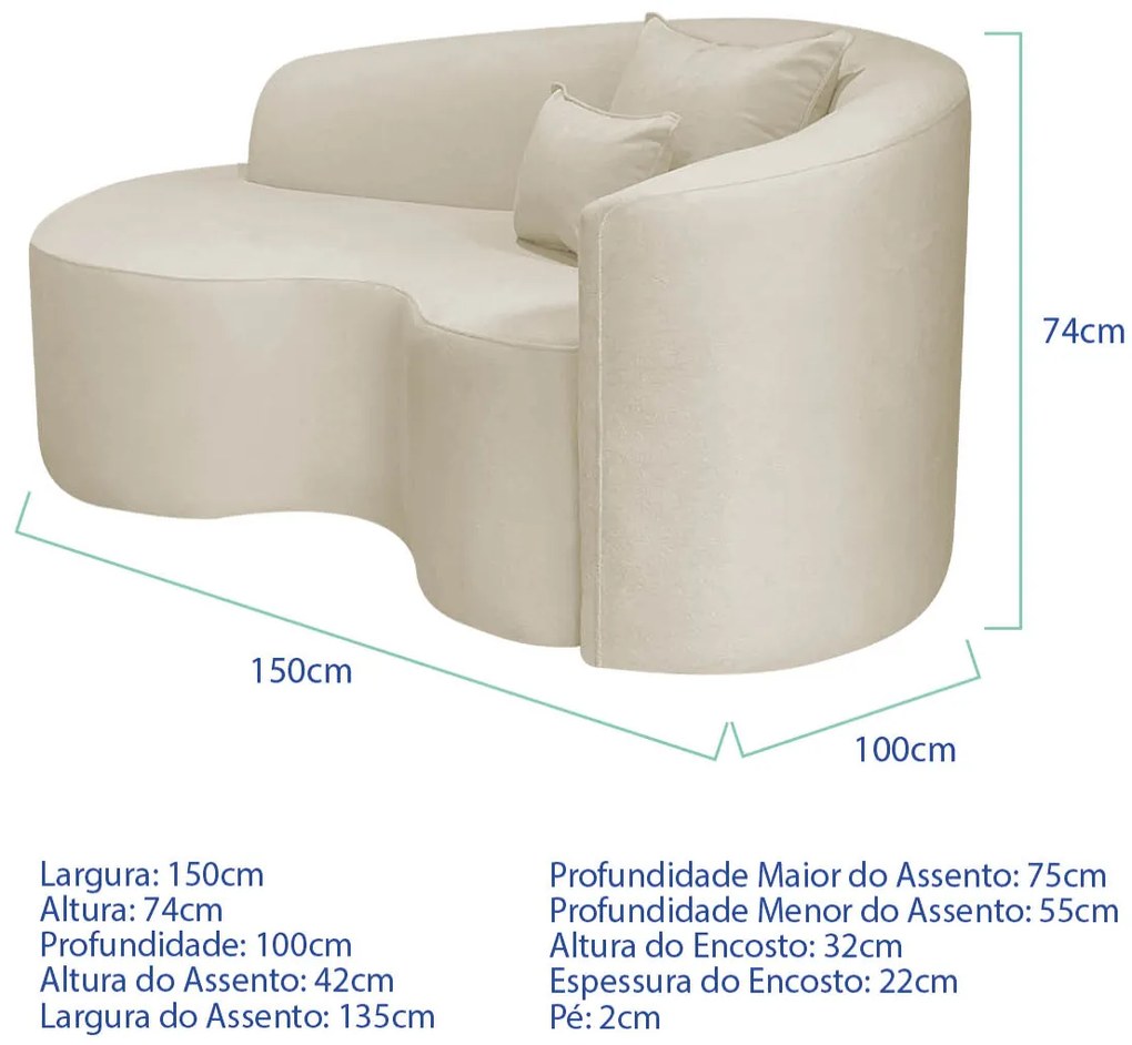 Kit Recamier Curvo Sala de Estar Inglaterra 150cm Lado Esquerdo e Poltrona Orgânica Luxo Amore Bouclé
