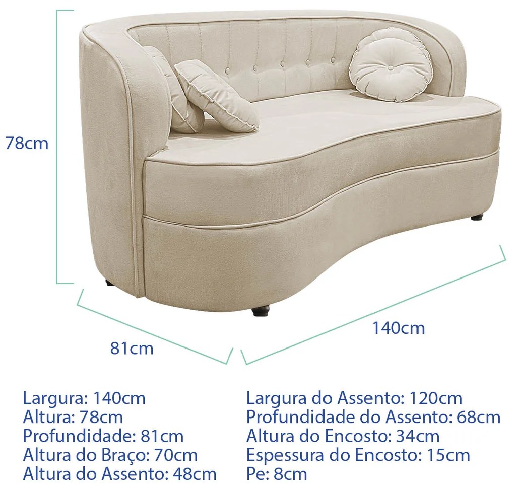 Sofá Curvo 2 Lugares Orgânico Sala Recepção Escritório Decorativo Luxo Panamá 140cm Linho