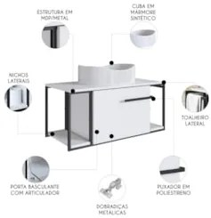 Gabinete Banheiro Suspenso 80cm Cuba Oval Ripy Branco Z54 - Mpozenat