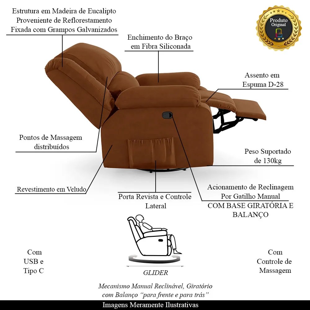 Poltrona do Papai Reclinável Sala de Cinema Madrid Glider Manual Giratória Massagem USB Veludo Terracota G23