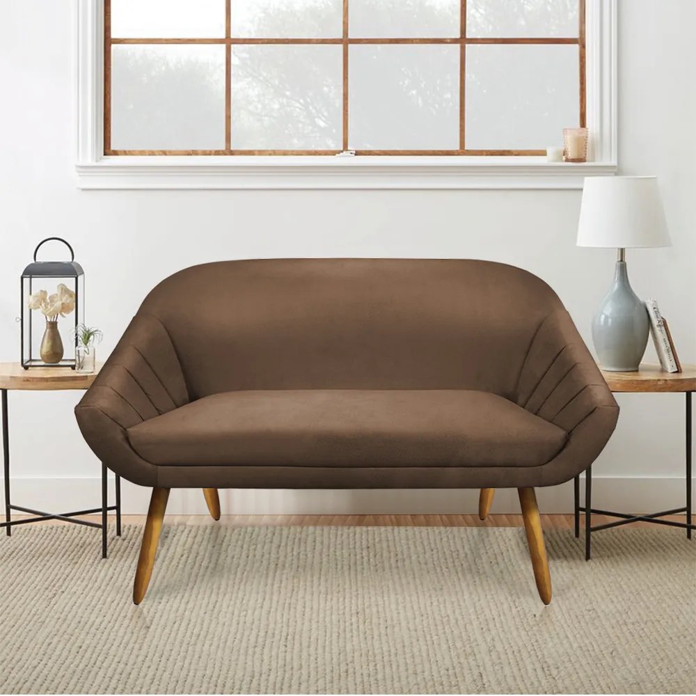 Kit 01 Namoradeira 02 Lugares e 01 Poltrona Giratória Giovana Suede Marrom Base Madeira MM30 - D'Rossi