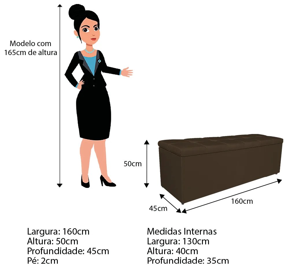 Calçadeira Estofada Manchester 160 cm Queen Size Suede Marrom - ADJ Decor