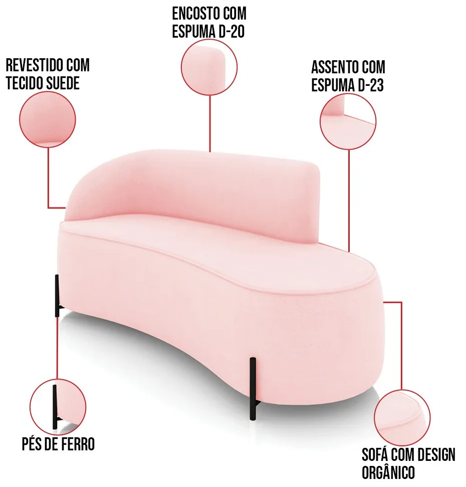 Sofá 3 Lugares Orgânico 180cm Pé Ferro Preto Morgan Suede D03 - D'Rossi - Rosa Bebê