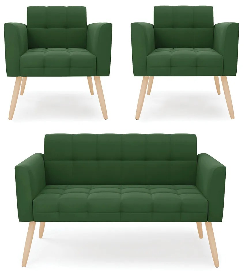 Kit 1 Sofá Namoradeira e 2 Poltronas Elisa Suede Pés Palito Natural - D'Rossi - Verde