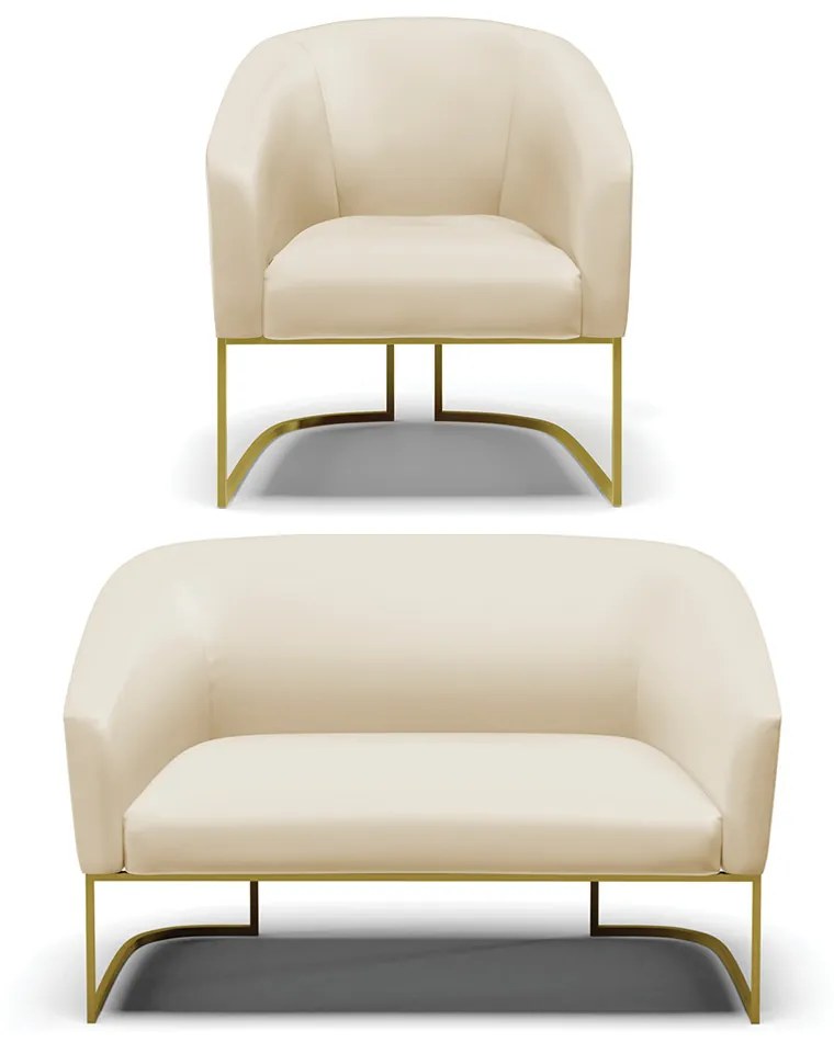 Sofá Namoradeira e Poltrona Industrial Dourado Stella Sintético D03 - D'Rossi - Bege