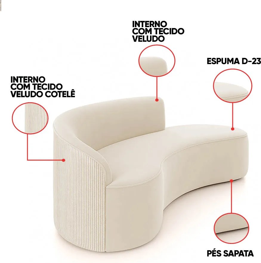 Sofá 3 Lug Orgânico180cm Morgan e Poltrona Giratória Lua Cotelê/Veludo Bege D03 - D'Rossi