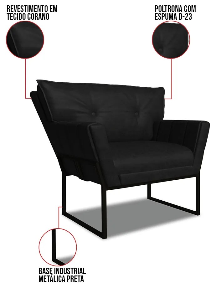 Poltrona Sala Industrial Preto Kit 2 Anitta Sintético PU D03 - D'Rossi - Preto