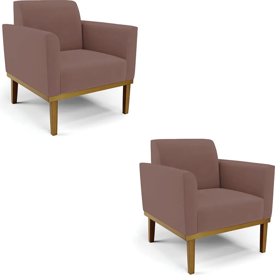 Kit 2 Poltronas Decorativas Isabella Pés Fixo em Madeira Castanho Veludo Rose G19 - Gran Belo