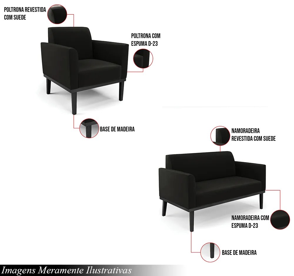 Conjunto Poltrona e Namoradeira Decorativa Isabella Pés Fixo em Madeira Preto Suede Preto G19 - Gran Belo