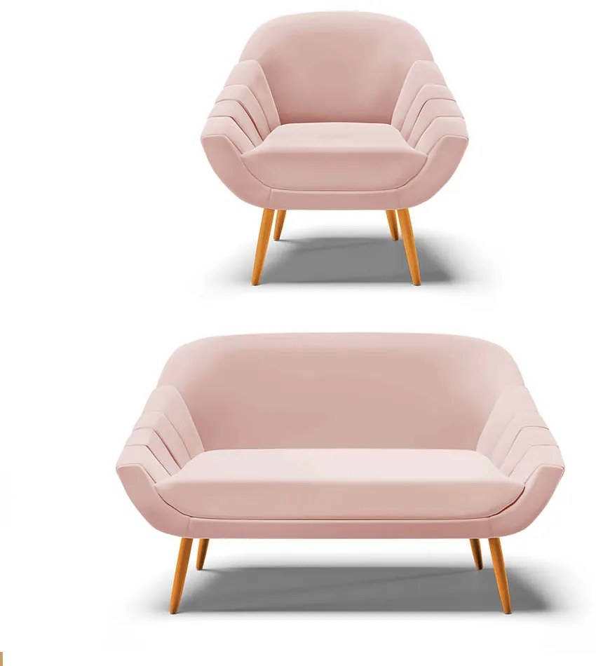 Kit 01 Namoradeira 02 Lugares e 01 Poltrona Giovana Veludo Pés Palito Castanho D03 - D'Rossi - Rose