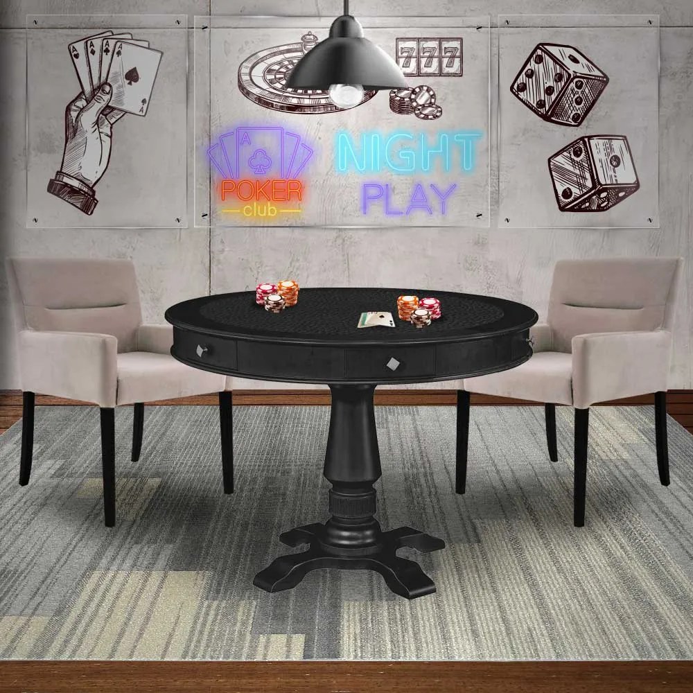 Mesa de Jogos Carteado Redonda Victoria Tampo Reversível Preto com Kit 2 Cadeiras Vicenza Nude G36 G15 - Gran Belo