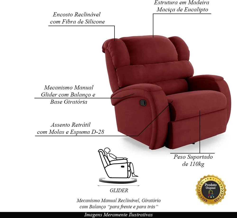Poltrona do Papai Sala de Cinema Reclinável Kylie Glider Manual Giratória Veludo Vermelho G23