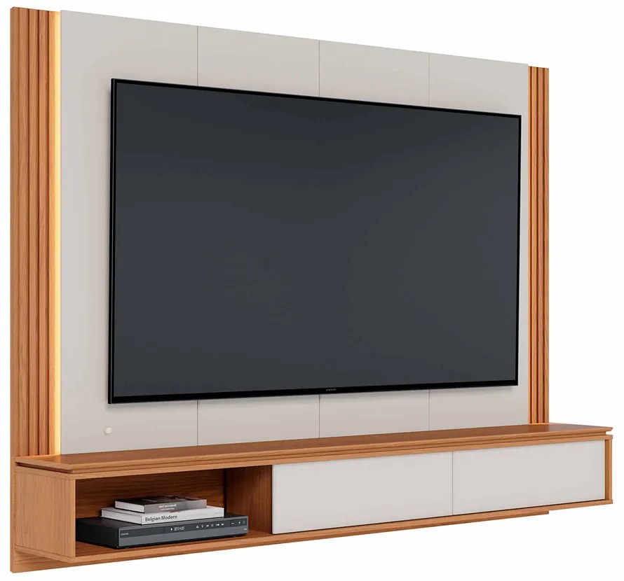 Home Suspenso Soge para TV até 75 Fita LED Portas Deslizantes MDP/MDF 217cm Off White/Freijó G73 - Gran Belo