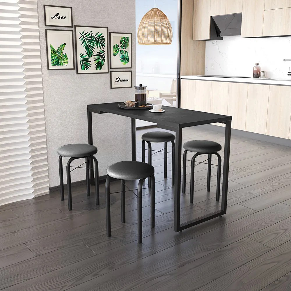 Mesa Multiuso Porto Preto 120cm com 04 Banquetas Manu Corino Preto - D'Rossi