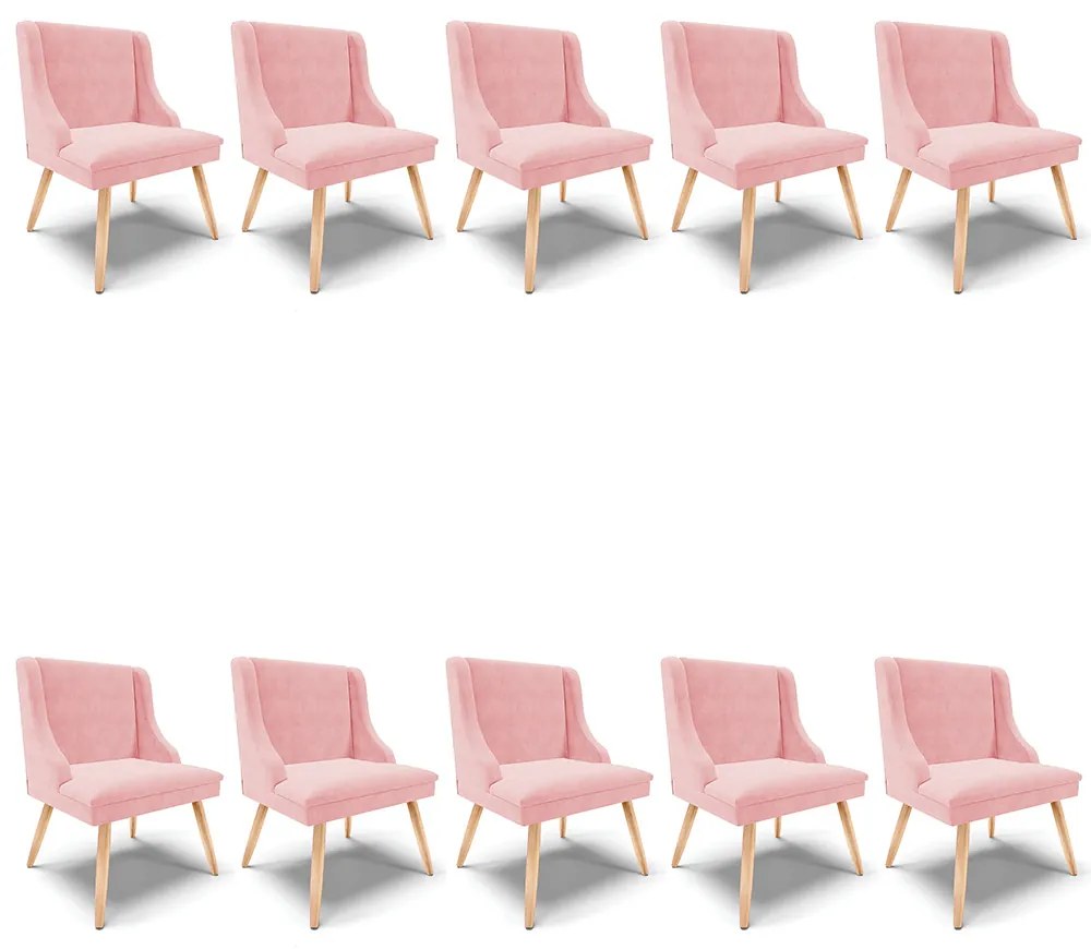 Kit 10 Cadeiras de Jantar Liz Suede Rosa Bebê Pés Palito Natural D03 - D'Rossi
