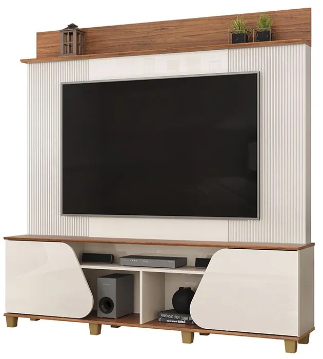 Home Estante Cavill TV 70" Ripado Canelado 2 Portas Pés Dourados OffWhite/Freijó G18 - Gran Belo