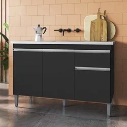 Balcão Gabinete Com Pia Inox 120cm 3 Portas e 1 Gaveta Tatiane Preto -