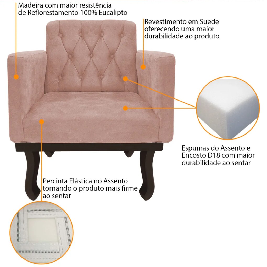 Poltrona Classic Pés Luís XV Suede Rosê - ADJ Decor