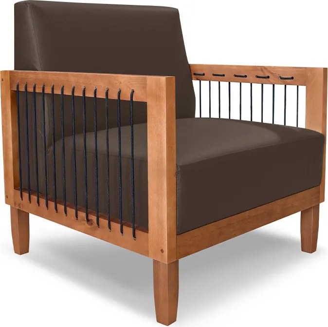 Poltrona Sala de Estar Pés Madeira Maciça Corda Náutica Preta 75cm Manila PU Marrom G63 - Gran Belo