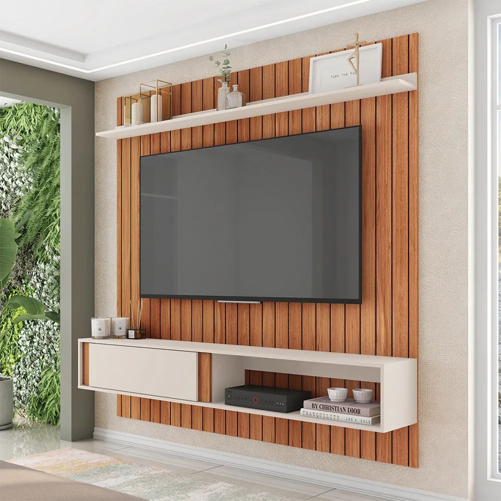 Painel Sirius Ripado 180cm para TV até 65 com Ripado MDF Freijo/OffWhite G11 - Gran Belo
