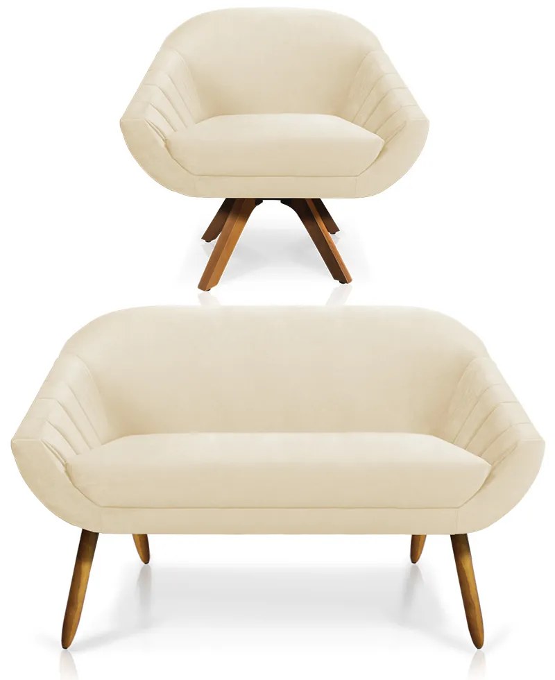 Kit 01 Namoradeira 02 Lugares e 01 Poltrona Giratória Giovana Veludo Bege Base Madeira MM30 - D'Rossi