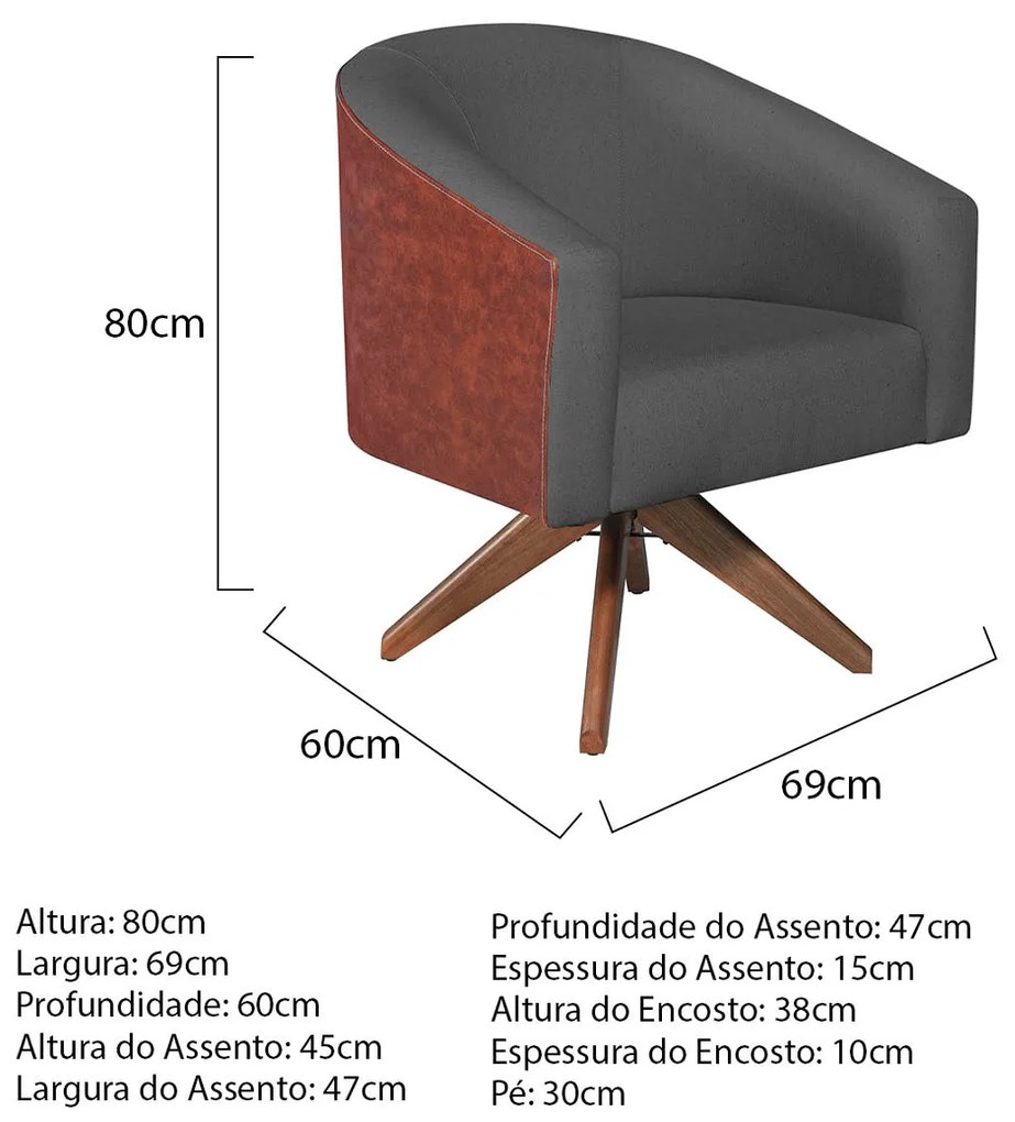 Poltrona Luiza Base Giratória de Madeira Sintético Nozes e Linho Cinza Escuro - ADJ Decor