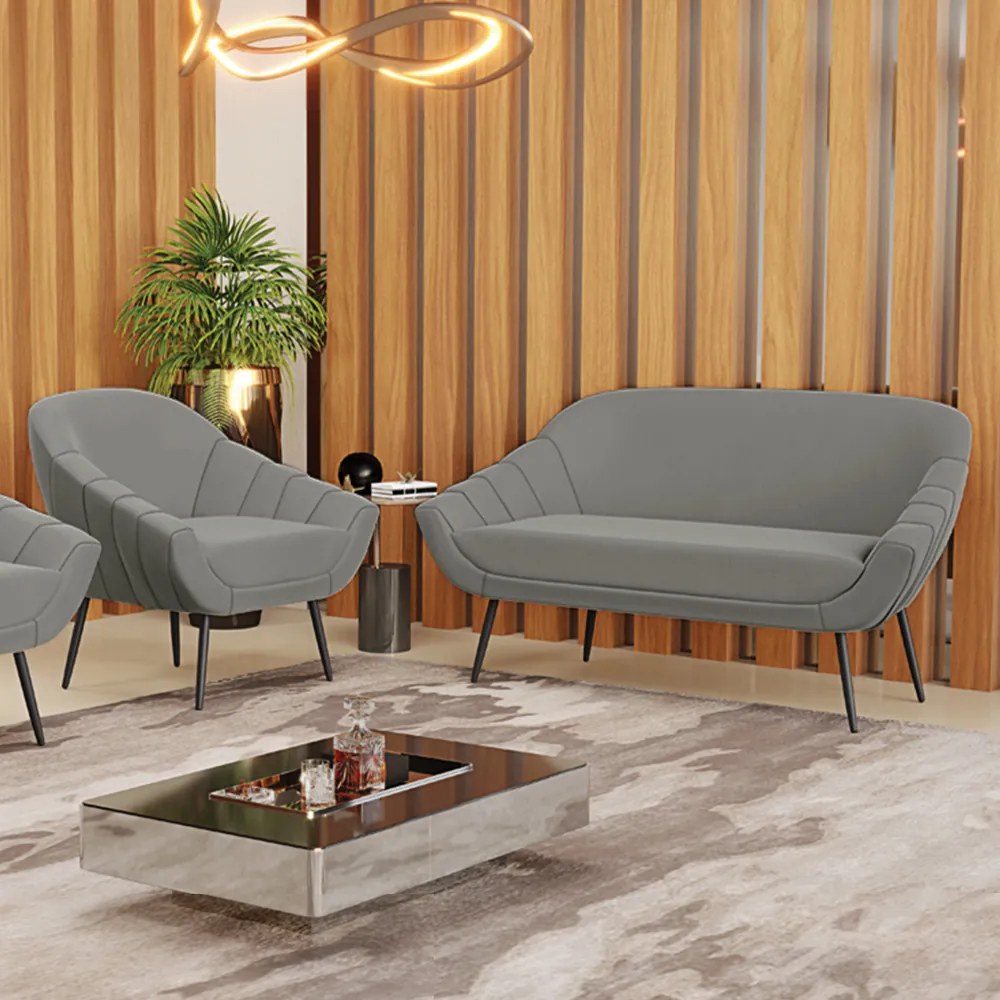 Kit 01 Namoradeira 02 Lugares e 01 Poltrona Giovana Suede Grafite Pés Palito de Ferro - D'Rossi