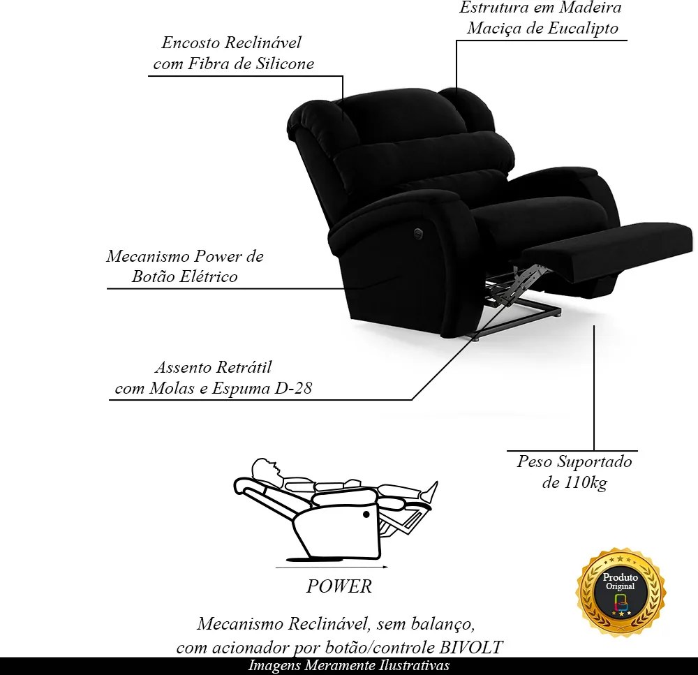 Poltrona do Papai Sala de Cinema Reclinável Kylie Power Elétrica Veludo Preto G23