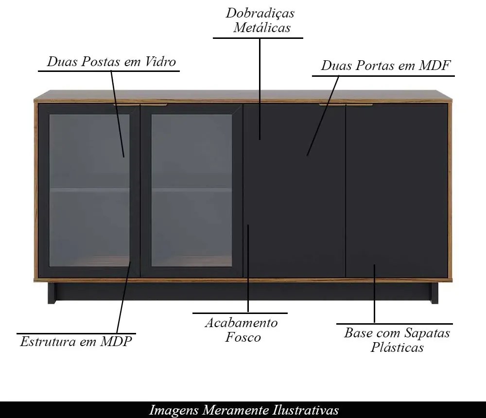 Conjunto Decorativo Cristaleira com Led e Buffet Aparador 160cm Tenerife/Gunga Preto Fosco/Noce G73 - Gran Belo