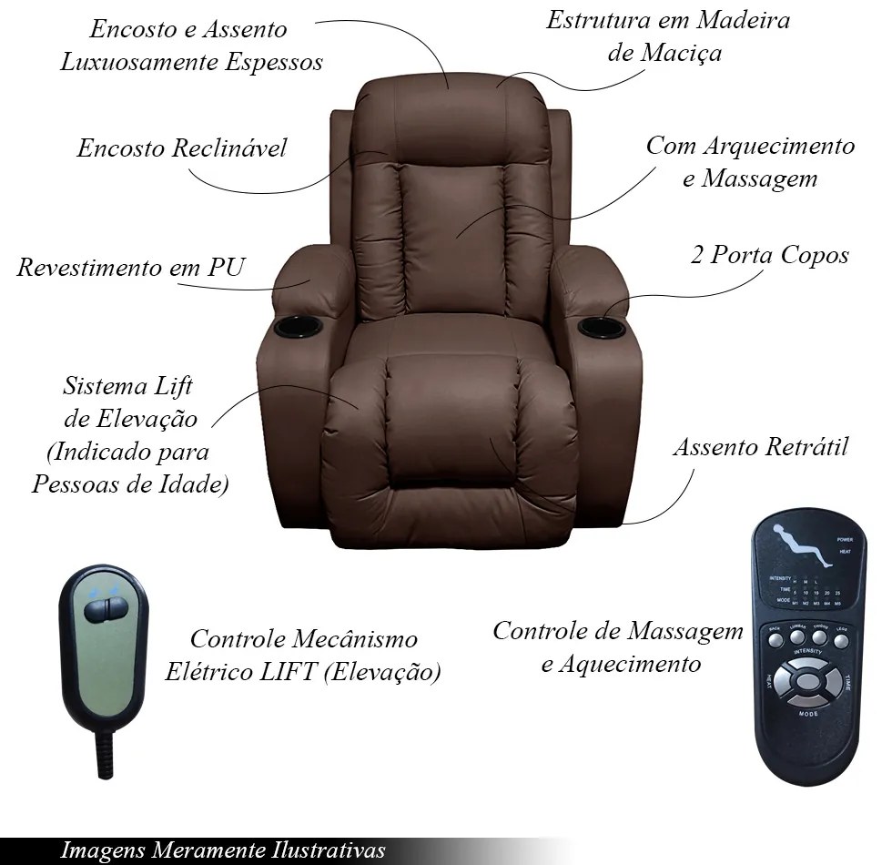 Poltrona do Papai com Massagem Aquecimento Austin Elevação Lift 150º PU Marrom Chocolate G31 - Gran Belo