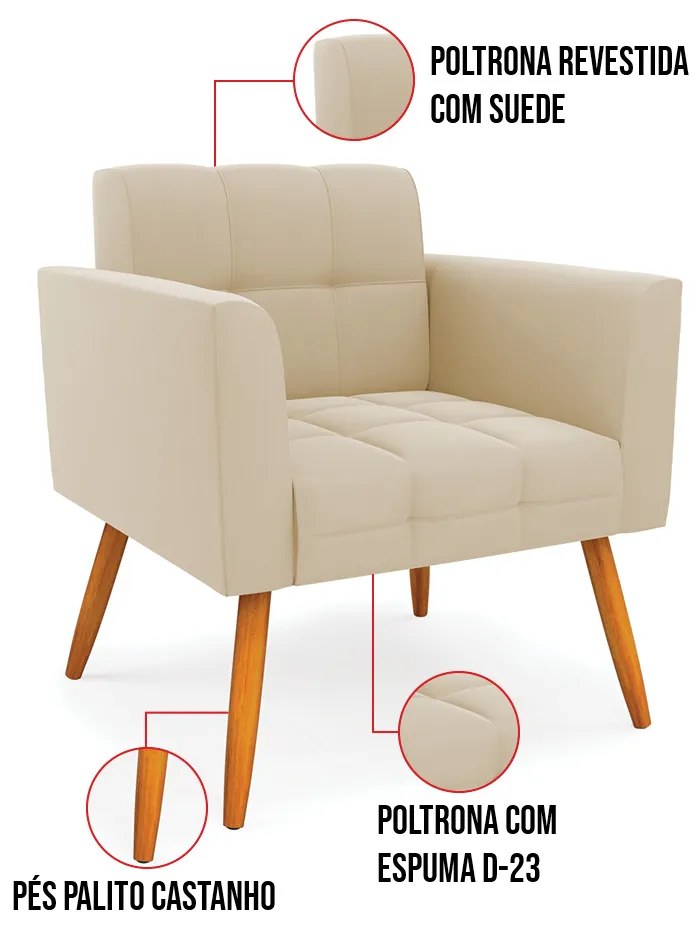 Kit 1 Sofá Namoradeira e 2 Poltronas Elisa Suede Pés Palito Castanho D03 - D'Rossi - Bege
