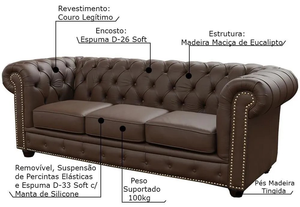 Sofá 3 Lugares Sala de Estar 235cm Chesterfield Pés Madeira Couro Capucino G40 - Gran Belo