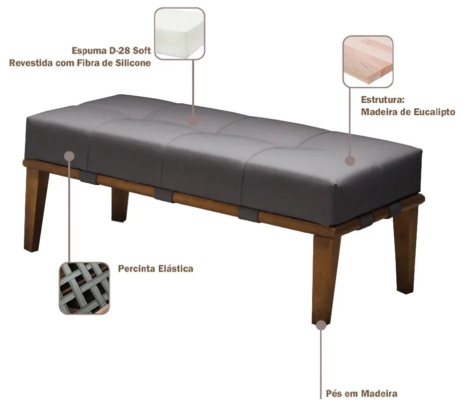 Puff Decorativo 100cm Martínez Linho Pés Madeira Cinza/Natural G62 - Gran Belo