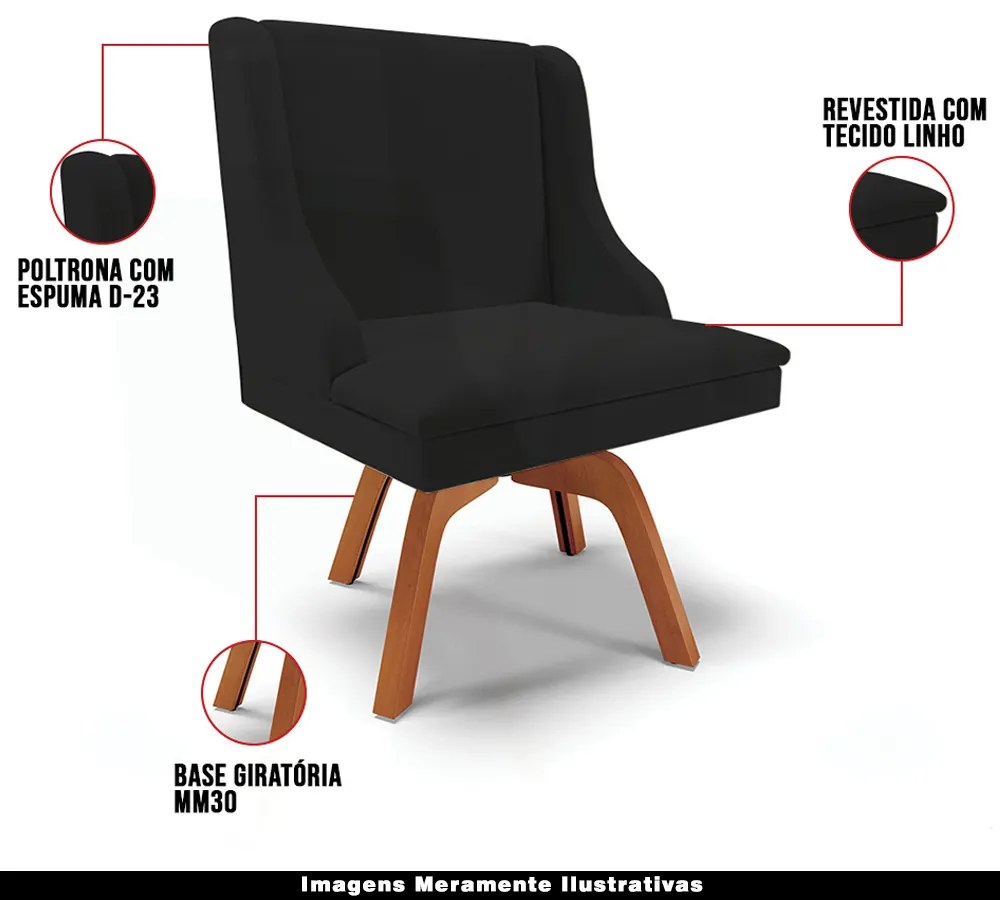 Kit 4 Cadeiras Decorativas Sala de Jantar Base Giratória de Madeira Firenze Linho Preto/Natural G19 - Gran Belo