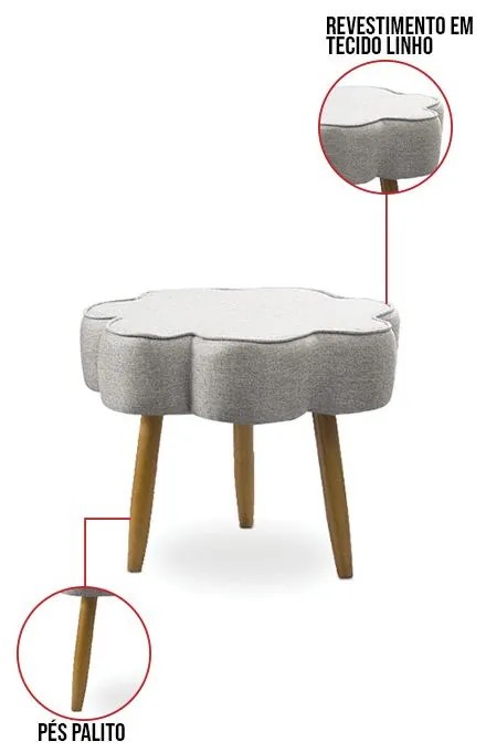 Puff Decorativo Pé Palito de Madeira Sala Flower Linho E03 - D'Rossi - Cinza