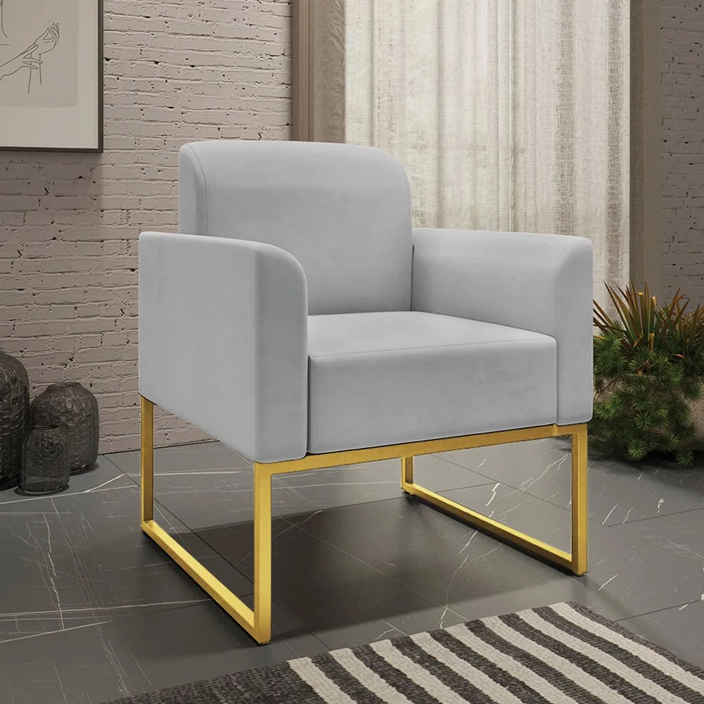 Kit 2 Poltronas Decorativas Isabella Base Industrial Suede Cinza/Dourado G19